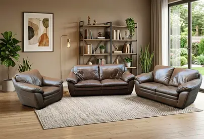 Genuine Brown Leather 3-Piece Sofa Set — 3-Seater, 2-Seater  Armchair