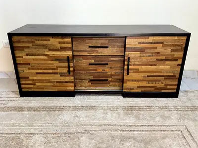🌟 Crate  Barrel “Seguro” Media Console – Solid Wood | Modern Rustic Luxury