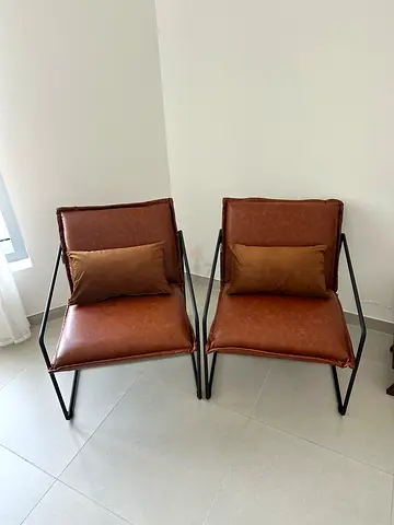 Pair of Modern Brown Faux Leather Accent / Lounge Chairs with Cushions