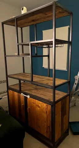 Industrial Wood  Metal Display Shelf with Cabinet — Good Condition