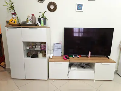 White wooden TV unit and matching cabinet set - good condition, fits for max 65 TV