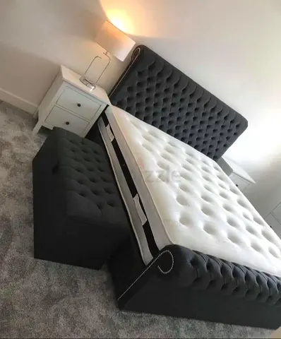 Grey Tufted King Size Bed Frame with Storage Ottoman