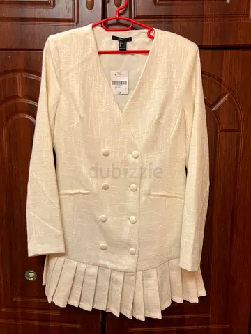Cream Double-Breasted Womens Blazer with Pleated Hem - Size M (never used)