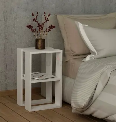Compact white open shelving unit - 2-tier nightstand/side table/bookcase