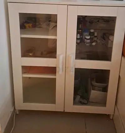 White Glass-Front Storage Cabinet — Compact 2-Door