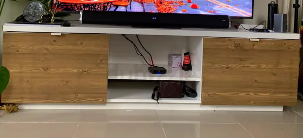 Low-profile TV Entertainment Unit with Sliding Wood-effect Doors