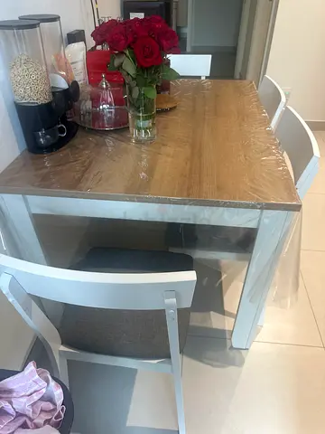 Wooden Dining Table with 4 White Chairs - Good Condition
