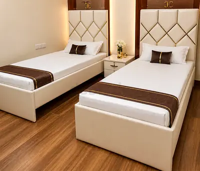 Brand New Pair of Modern Single Beds with Upholstered Headboards