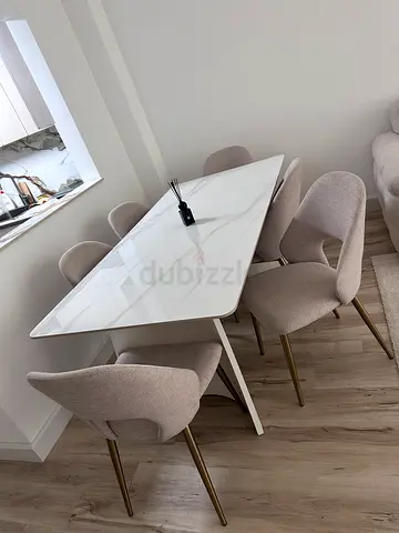 Modern White Marble-Top Dining Table with 6 Upholstered Chairs