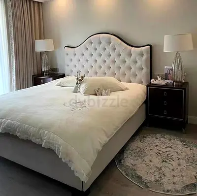 Queen tufted upholstered bed with nightstands (set) - good condition