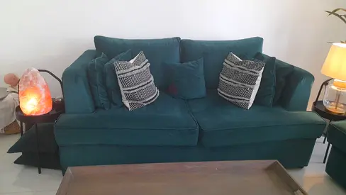 Green 3+2 large Seater Velvet Sofa with Cushions - Good Condition