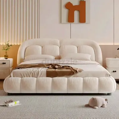 Modern Low-Profile Upholstered Double Bed with Padded Headboard