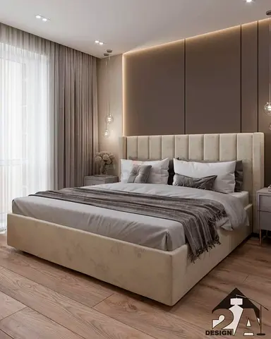 Upholstered King Bed with Padded Headboard - Neutral Beige