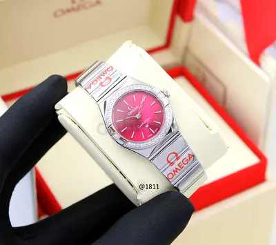 Omega Constellation Ladies Stainless Steel master Copy Watch with Pink Dial and stones Bezel