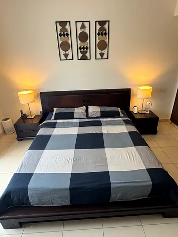 Super King size wooden bed frame with headboard and two nightstands - dark wood