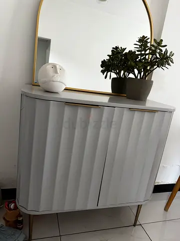White Modern Sideboard Cabinet with Gold Legs and Mirror