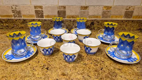 Set of 6 Turkish tea glasses with saucers and 6 coffee cups - blue  yellow