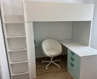 2 White loft bed with built-in desk and drawers (good condition)