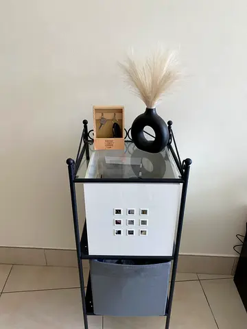 Small Black Metal Side Table with Storage Drawer and Fabric Basket