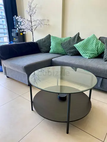 Round Glass Top Coffee Table with Lower Shelf - Dark Metal Frame