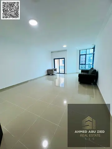 Luxurious spacious 3BR apartment, hall, 3 baths, maid & laundry room, 2 balconies, wardrobes, central AC, prime location, easy access to Dubai & Sharj