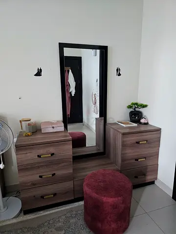 King Size Hydraulic Bed + Side Tables + Wooden Dressing Table with Mirror and Stool - Good Condition