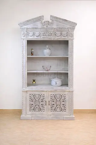Hand- Carved Solid Wood Vintage Bookshelf With Storage Base