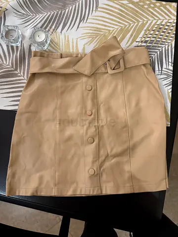 Beige Faux Leather High-Waist Belted Mini Skirt size 38