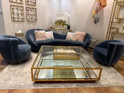 2XL Furniture “Blue velvet 3-seater sofa with two swivel chairs and glass-gold coffee table”