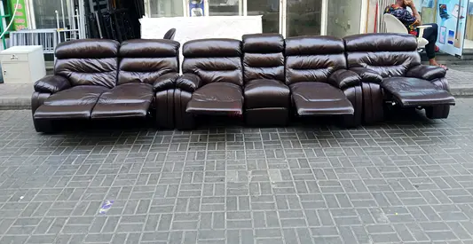 Large Brown Leather 6 Seat Reclining Sofa Set - Good Condition
