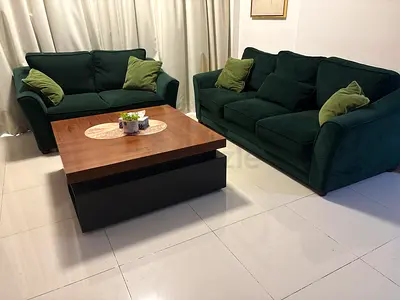 Green Velvet 2-Seater Sofa Set (2 Pieces) with Cushions - Good Condition
