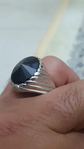 Silver Mens Ring with Large Black Stone (Size Approx. 9-10)