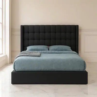 Queen upholstered bed with tufted headboard - dark grey