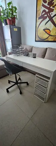 Stylish White Study Desk with 2 Drawers + Adjustable Swivel Chair