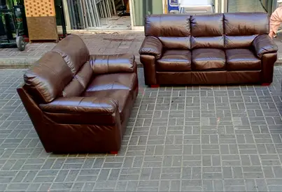 Brown Genuine Leather 3+2 Seater Sofa Set — Good Condition