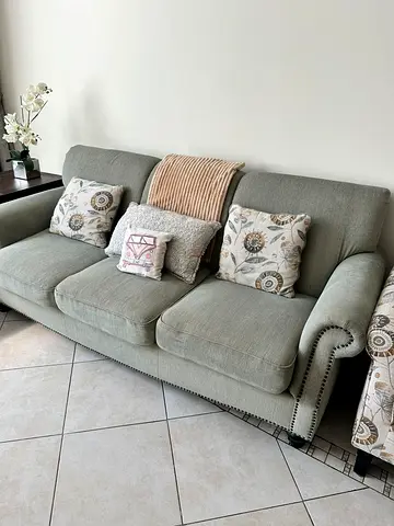 Light green 3-seater and 2-seater fabric sofa with cushions also includes two printed single seaters