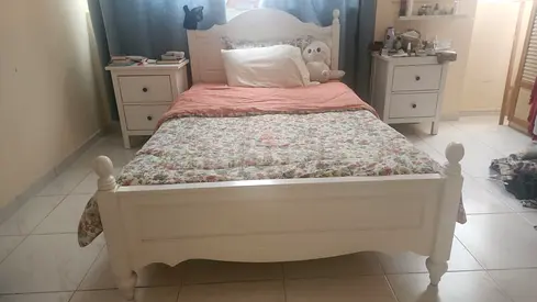 Queen white wooden bed frame from Home Center, with two side table from Ikea,  good condition.