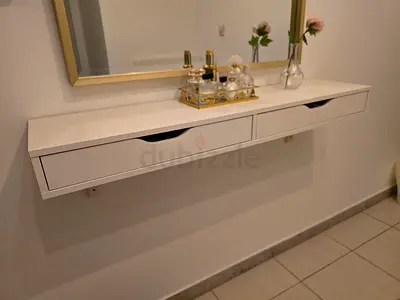 Wall-mounted shelves floating console table with two drawers - White