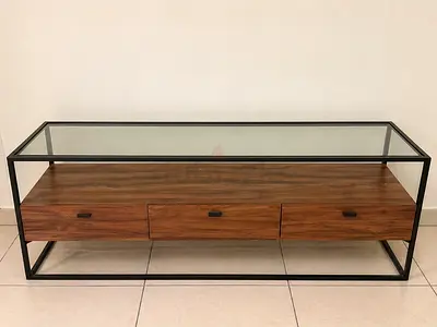 Industrial Glass Top TV Unit with 3 Drawers - Solid Wood Finish