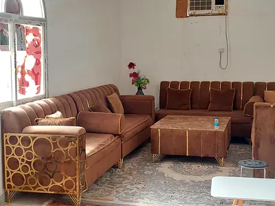 Brown velvet 3-piece lounge sofa set with ottoman — good condition