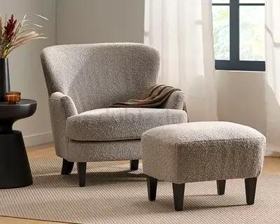 Comfortable Accent Armchair with Ottoman (Beige Bouclé)