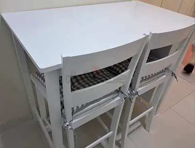 White Wooden Bar Table with 2 Matching Stools - Compact Dining Set