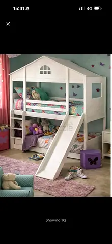 White wooden kids bunk bed with slide (playhouse style) - Good condition
