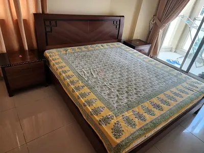 Solid Wood Queen Bed with Two Matching Nightstands — Good Condition