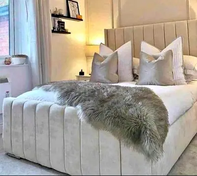 Upholstered King Bed with Padded Headboard - Light Beige