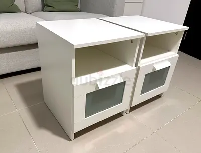 Pair of White Ikea Bedside Nightstands with Drawer and Open Shelf