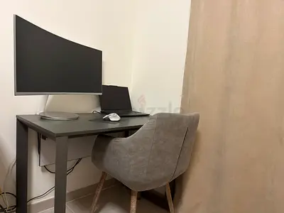 Table with Gray Upholstered Accent Desk Chair with Wooden Legs - Good Condition