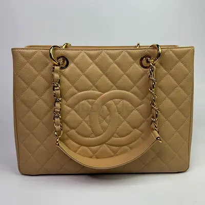 AUTHENTIC CHANEL GRAND SHOPPER TOTE IN BEIGE CAVIAR LEATHER WITH GHW