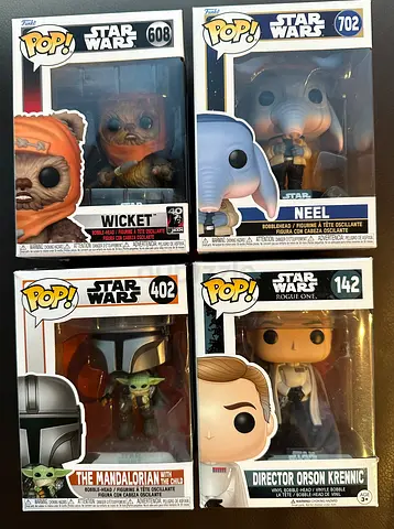 Set of 4 Star Wars Funko Pop! Figures — Wicket, Neel, The Mandalorian, Director Orson Krennic