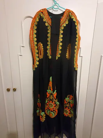 Black Embroidered Traditional Abaya / Kaftan with Orange  Green Accents